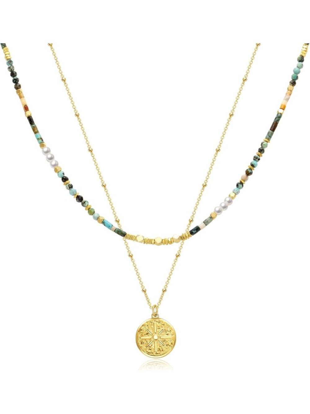 Boho Layered Beaded Choker Necklace with Gold Sun Pendant - African Turquoise